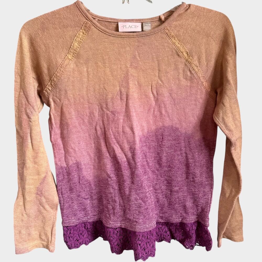 Ombre Hand Dyed Upcycled Lace Hem Long Raglan Sleeve Girl's Knit Top Size Large